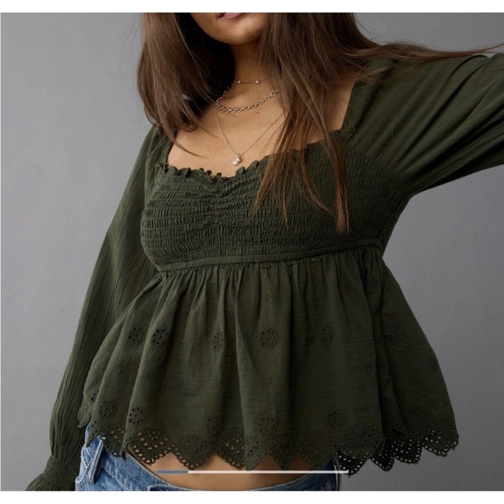 NEW American Eagle Green Smocked Peplum Eyelet Ruffle Long‎ Sleeve Top Boho XS